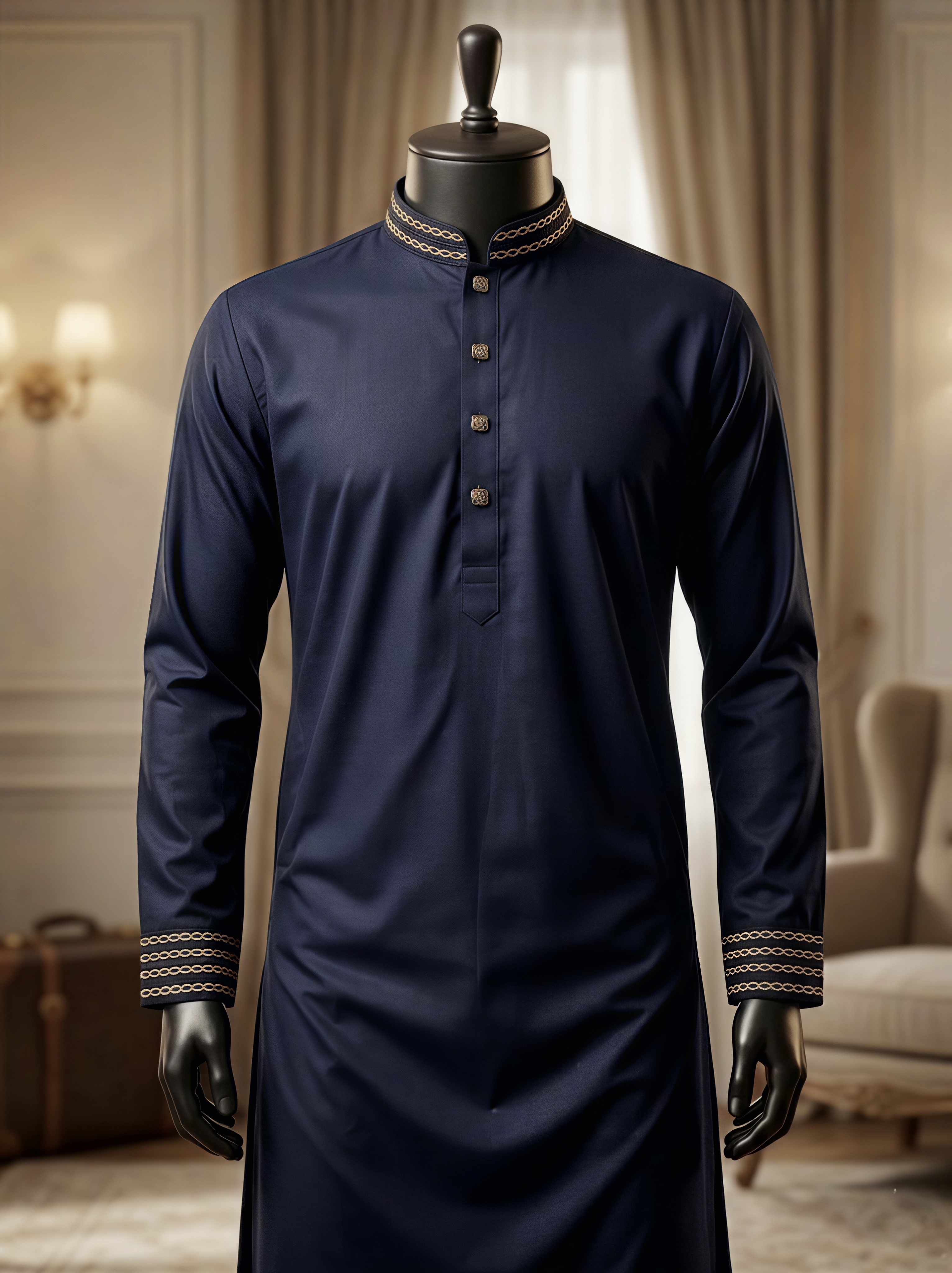Micro BankChor embroidery Navy blue Fabric Code:-P0289