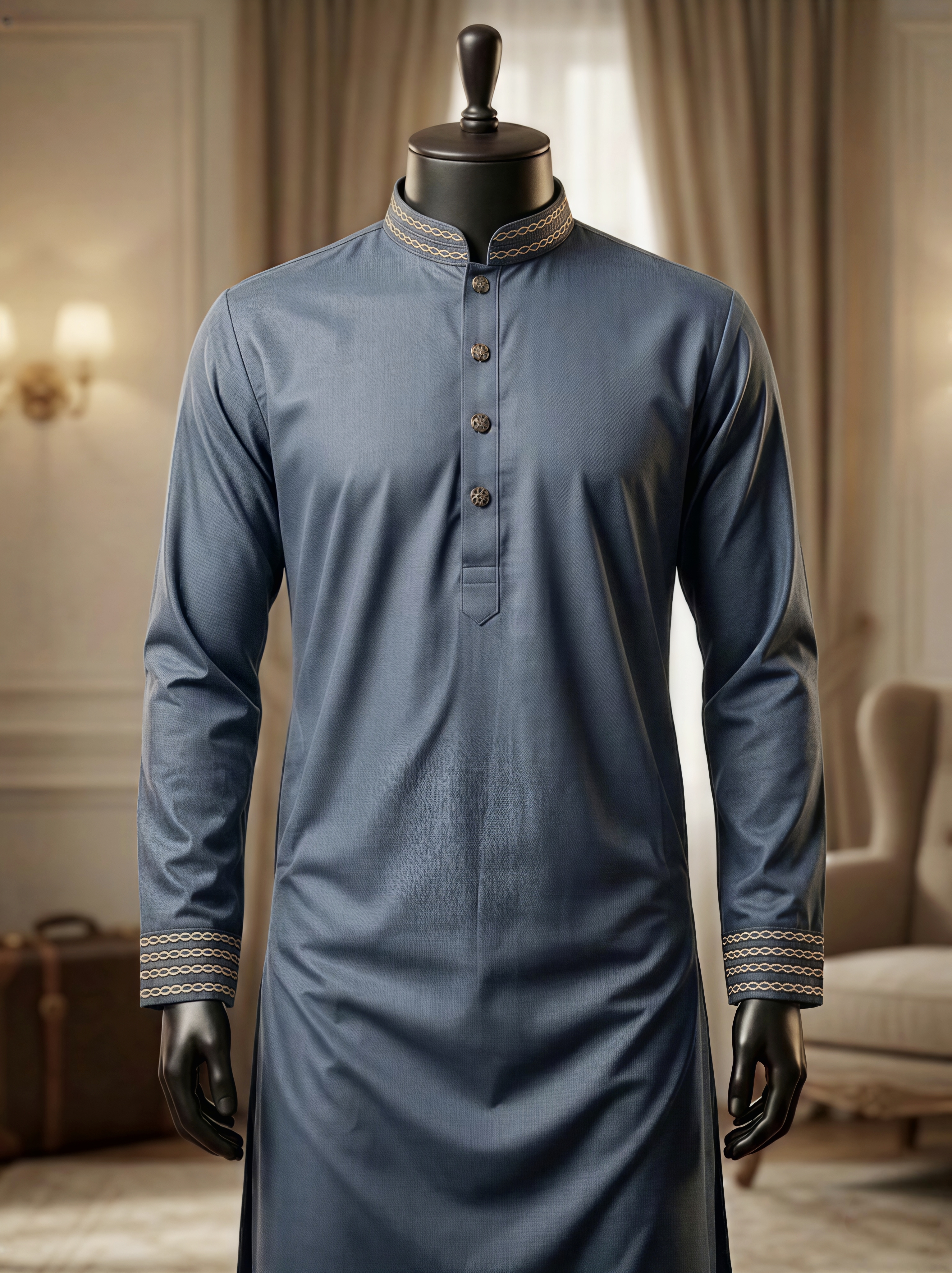 Micro BankChor embroidery dusty blue Fabric  Code:-P02890